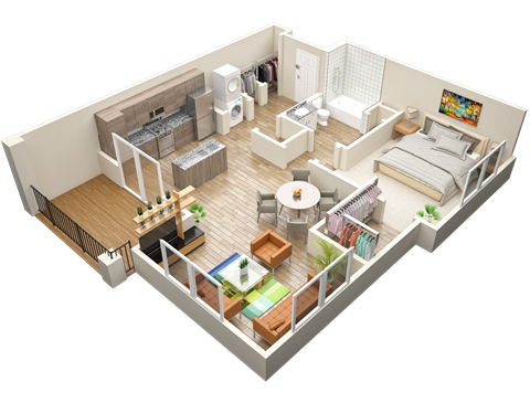 Floor plan for 1 bed, 1 bath, 802 sqft